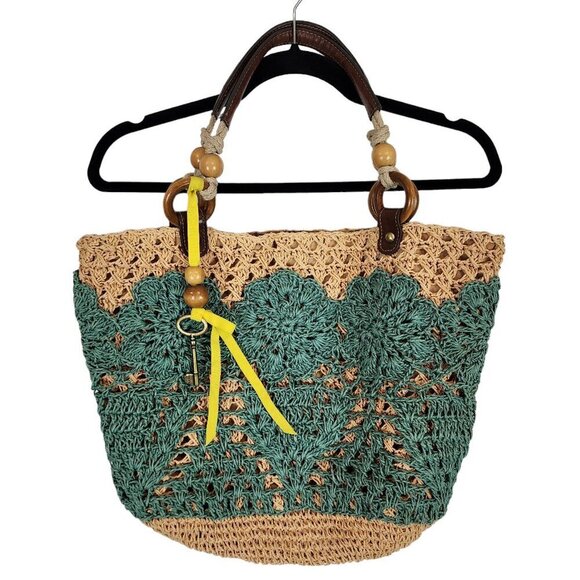 Fossil Hathaway Straw Tote Teal Tan Bohemian Raffia‎ Shoulder Bag Beaded Crochet - Picture 1 of 13